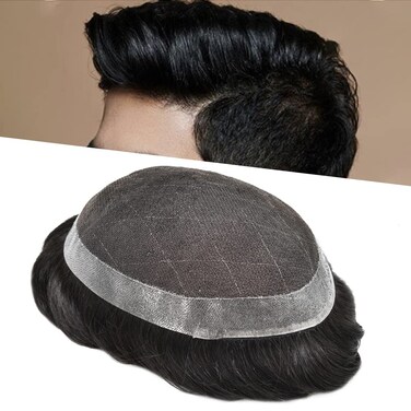 Hairpiece Toupee for Men Human Hair Replacement Systems French Lace Mens Toupee Poly Around Hair Unit Wig for Men (6''X8'', #1B Off Black)