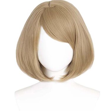 Light brown short hair wig side parted bob straight hair full hair cos anime character simulation wigs 14inch (Ashley Graham)