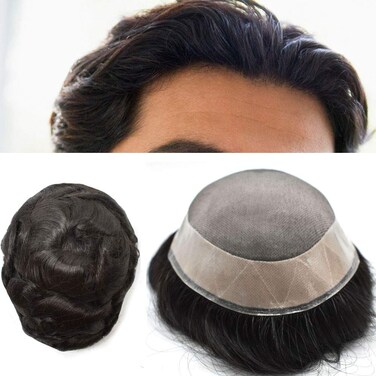 Fine Mono Remy Hair System Mens Toupee Poly Skin Around 140% Medium Heavy Density Hair Replacement for Men 7X9, 1B Off Black