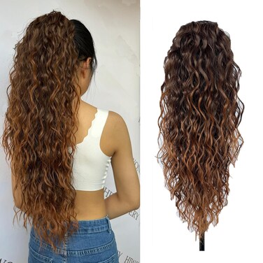 Ponytail Extension Long Curly Wavy Ponytail Extension 26Inch Drawstring Ponytail Clip In Hair Extensions for Women Bohemian style Natural Wavy Synthetic Hairpiece for Women (T1B/30)
