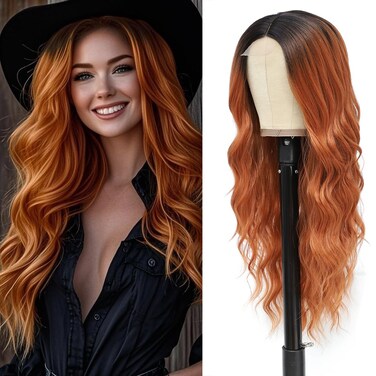 Long Ginger Wig Orange Wavy Hair Wigs for Women Realistic Wig with Natural Looking Upgraded Protein Fiber Synthetic Realistic Wigs Costume Cosplay Halloween Wig(26'' Ombre Orange)