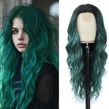 Long Green Wig for Women 26Inch Wavy Curly Ombre Green Hair Wigs Synthetic Hair Replacement Wig Heat Resistant Hair Wig for Daily Party Use(26'' green)