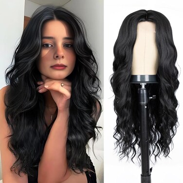 Long Black Wig for Women 26 Inch Middle Part Wavy Women Charming Hair Realistic Natural Looking Synthetic Heat Resistant Fiber Wig for Daily Party Use
