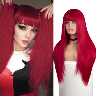 Red Wigs for Women Long Straight Red Hair Wig with Bangs Middle Part Natural Heat Resistant Synthetic Fiber Party Cosplay Costume Full Wigs for Women Girls