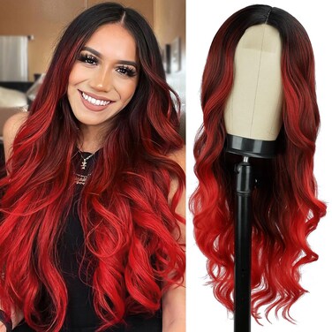 Ombre Red Wigs for Women Long Red Wig Ombre Red Wavy Wig Long Red Wavy Wig 26 Inch Heat Resistant Red Wigs for Daily Party Use (Ombre Red)