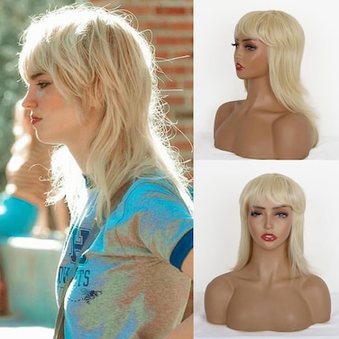 CINHOO Modern Short Shaggy Mullet Wig for Women 80s Mullet Wig Pixie Cut Wig With Bangs Synthetic Natural Fake Blonde Hair Replacement Wigs with White Highlights 14inch Mullet Haircut(Blonde)