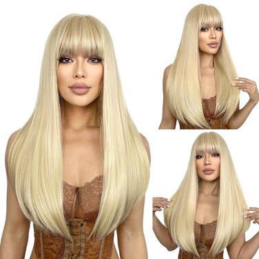 SUKRI Long Blonde Wig with Bangs Straight Blonde Wig for Women Natural Looking Hair Wigs 22 Inch Synthetic Wigs for Girls Daily Party Cosplay Wig
