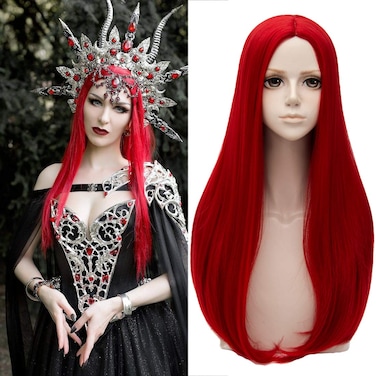Red Wigs For Women Natural 24" Long Straight Middle Hair Wigs Soft Daily Basic Heat Resistant Curly Wave Wig For Women Girl Cosplay Party Halloween Wig Cap Included (Red)
