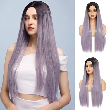 X-TRESS Long Straight Wig Purple Ombre Wig For Women Cosplay Halloween Wigs Synthetic Wig Include Wig Cap (Purple)