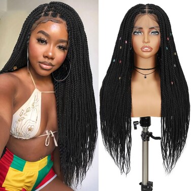 Fancy Hair Braided Wig Square Knotless Long Twist Braided Wigs with Baby Hair Full Double Lace Synthetic Glueless Braids Wig for Black Women 30 inches (2 style in 1)