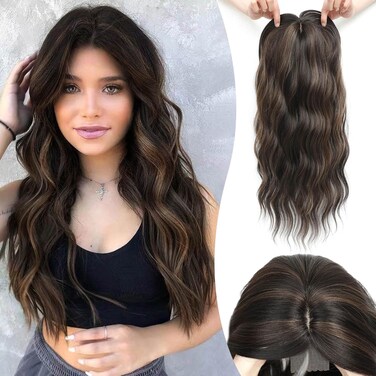 MORICHY Hair Toppers for Women Clip in Hair Topper with Bangs 20inch Chocolate Brown with Highlights Long Wavy Curly Synthetic HairPieces for Women