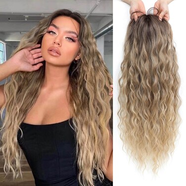 Molefi Hair Topper 26inch Long Wavy Hair Toppers for Women Curly Hair Topper with Bangs Synthetic Wiglets Hairpieces for Thinning Hair Ombre Light Brown to Blonde