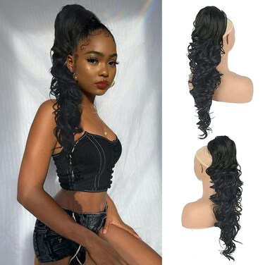 KRSI Long Wavy Drawstring Ponytail Extension, 28inch, 1B#, for Women, Black Hair Clip-in, Synthetic Hair, Hair Extension