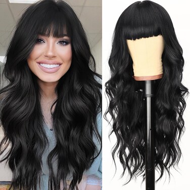 AISI HAIR Black Wig with Bangs Long Wavy Synthetic Wig for Women with Daily Party Use
