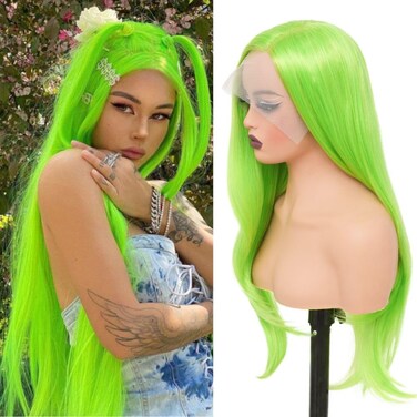 Green Lace Front Wig for Women Long Straight Neon Green Synthetic Heat Resistant Fiber Wig for Halloween Cosplay Party Use