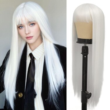 White Long Straight Wigs for Women with Bangs Natural Looking Synthetic Hair Wig for Halloween Cosplay Daily Use