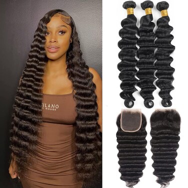 Human Hair Bundles with Closure (26 28 30+20 Free Part Closure) Loose Deep Wave Bundles with Closure 10A Unprocessed Brazilian Virgin Hair Bundles with Closure 150% Density ( Bundles with closure)