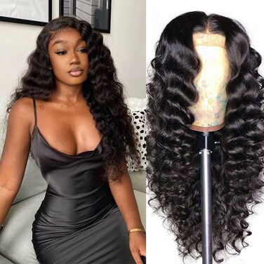 Wigs Human Hair Loose Deep Wave Human Hair Wig Pre Plucked Pre Cut Loose Wave Glueless Deep Wave Lace Closure for Women 16 Inch 4x4 HD Transparent Natural Black