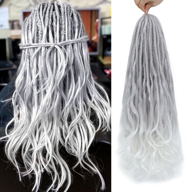 Loose Wave Dreadlocks Synthetic French Curly Double Ended Dreadlock Extensions 24inches 30 Strands Thin Soft Grey to White Spanish Curly DE Dreadlock Extensions for Women (30 Strands, G60)