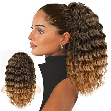 KooKaStyle Curly Ponytail Extension Fluffy Drawstring Ponytail Hair Extensions for Women Long Kinky Curly Wavy Pony Tail Extension Synthetic Hairpiece for Daily Use(18Inch Ombre Black To Blonde)