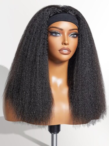 LUVME HAIR Kinky Straight Headband Wig Human Hair Ready to Go No Lace Glueless Human Hair Wigs with Adjustable Headband Beginners Friendly (16 Inch &amp; Natural Black)