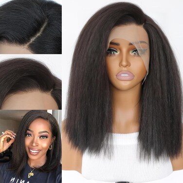 14 Inch Short Kinky Straight Lace Front Wig 180 Density Glueless Natural Black Afro Yaki Straight Synthetic Lace Front Wigs for Black Women Pre Plucked 5 Inch Side Deep Parting