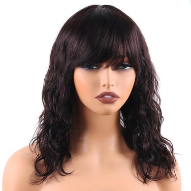 Body Wave Wigs with Bangs Human Hair Wig for Black Women None Lace Wear and Go Glueless Wig 150% Density Machine Made Brazilian Virgin Short Bob Wigs Human Hair (16 Inch, Natural Black)
