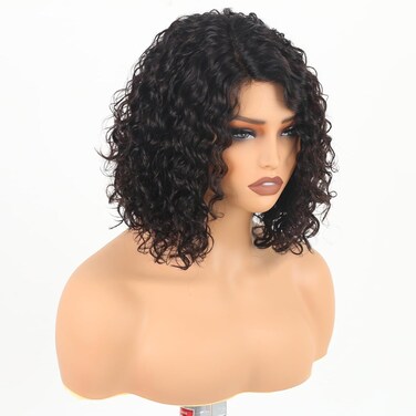 Short Curly Human Hair Wigs for Black Women, 12 Inch Curly Wavy Jerry Curl, 100% Brazilian Remy Hair, Glueless Lace Front, Side Part Bob Wig, Ready to Wear, 12A Natural Color