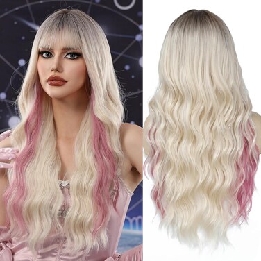 Lovenia-Highlight Pink Wig for Women Long Wave Hair Wig 26" Blonde Synthetic Wig Long Curly Hair Wig for Women Wig with Dark Roots Blonde Mixed Pink Wig Subtle Money Peice Balayage Wig