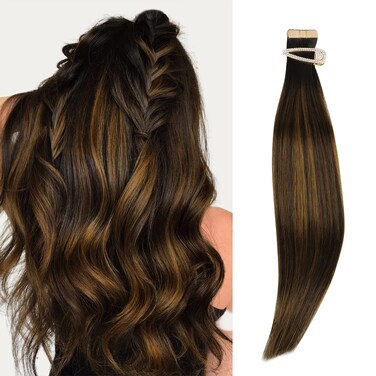 Marat Tape in Hair Extensions, Dark Brown Mixed Chestnut Brown 14 inch 50g Tape in Hair Extensions Real Human Hair Natural Straight Human Hair Tape in Hair Extensions