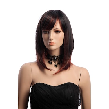 Shoulder-length Black mix Red Wig for Women Short Curly Synthetic Bob Wig Looking Natural Heat Resistant Fiber Hair Wig (Black mix Red)