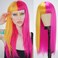 Long Red Yellow Hair Synthetic Wigs with Bangs Long Straight Hair Wig Cosplay Wig Split Color Synthetic Wigs Heat Resistant Fiber Costume Halloween Party Wigs for Women