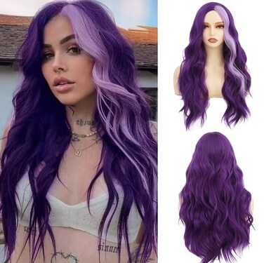 Long Wavy Purple Wigs for Women 26 Inch Middle Part Curly Wavy Wig Natural Looking Synthetic Heat Resistant Fiber Wig for Daily Party Use
