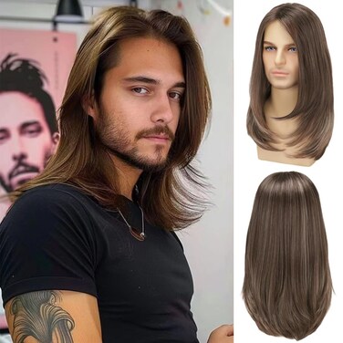 Mens Wig Long Brown Straight Wig for Men Middle Part Synthetic Heat Resistant Hair Wigs for Daily Party Costume Halloween