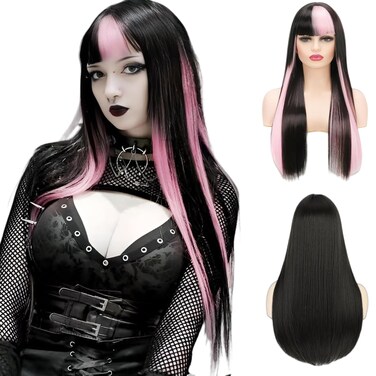 Black and Pink Wigs with Bangs for Women Long Straight Synthetic Wig,Heat Resistant Hair Natural Looking Wig Daily Party Halloween Cospaly Used