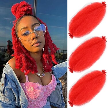 Afro Twist Hair 16 Inch 3 Packs, Springy Afro Twist Hair Pre Fluffed Spring Twist Hair Pre Stretched Wrapping Hair for Soft Locs Hair Extensions (16 Inch (Pack of 3), Red#)