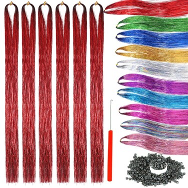 Red Tinsel Hair Extensions with Tools 6 Packs 1380 Strands 44 Inch Hair Extension Tinsel Kit for Women and Girls Sparkling Shiny Colorful Hair Extensions for Christmas and Parties (44 Inch, red)