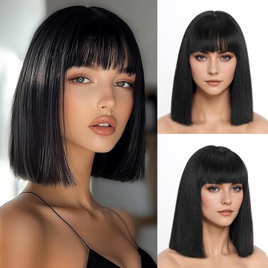 Short Black Straight Bob Wig for Women Wigs with Bangs Shoulder Length Synthetic Deep Black Straight Bob Wig for Daily Party (12 Inch)