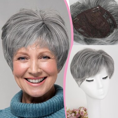 Grey Synthetic Short Hair Topper with Bangs Salt and Pepper Toppers for Thin Hair