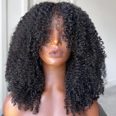 Full 200 Density Afro Kinky Curly Human Hair Wig With Bang Brazilian Virgin Afro Coily Wigs Bangs For Black Women Machine Scalp Top Wig Glueless 14inch
