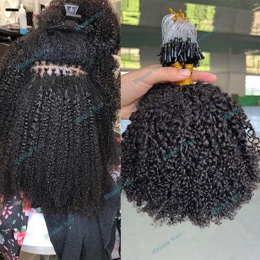 Afro Kinky Curly Micro Link Human Hair Extensions Brazilian Virgin Micro Links Hair Extensions 100 Strand Micro Loop Real Human Hair Extensions For Black Women 90G 18Inch