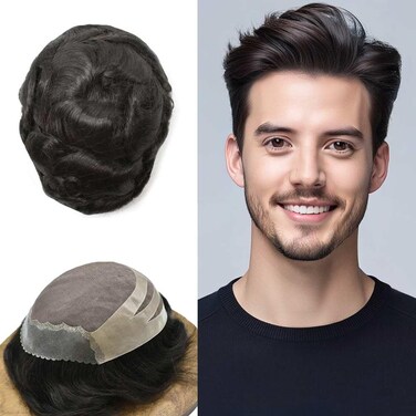 Mens Toupee Human Hair Replacement System Fine Mono Lace Toupee For Men Durable Lace&amp;PU Hairpieces For Men Hand Tied Monofilament Wig (8"X10"-120% Med-light to Medium Density, 1B Off Black)