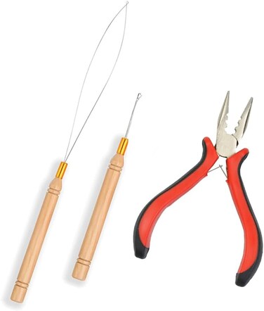 3Pcs Micro Link Hair Feather Extensions Tool Sets, 3 Holes Mini Hair Pliers, Micro Pulling Needle, and Loop Threader for Microlink Rings Hair Extension Beads
