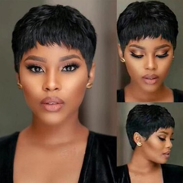 Pixie Cut Wig Human Hair Short Pixie Cut Wigs for Black Women Human Hair Glueless pixie Wig Layered None Lace Front Wig with Bangs Natural Straight Full Machine Made 1B Color