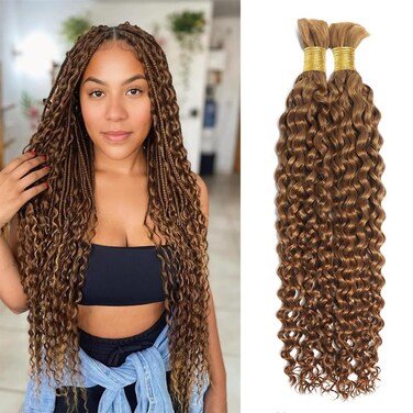 Human Braiding Hair for Boho Knotless Braids Bulk Curly Bundles Human Hair for Micro Braiding Wet and Wavy Water Wave No Weft Human Hair Extension for Box Boho Braids 100g with 2 Bundles 27#（16 inch）