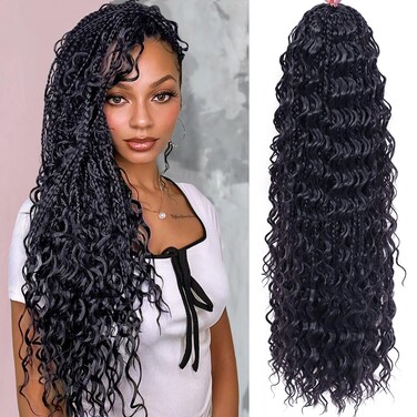 Goddess Box Braids Crochet Hair for Black Women 24 Inch 7 Packs Boho Crochet Box Braids with Curly Ends Pre Looped Bohomian Box Braids Synthetic Crochet Braids Braiding Hair Extensions (1b)