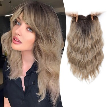 7x7Inch Hair Toppers for Women with Thinning Hair, Blonde Hair Topper with Bangs Dark Root 14inch Curly Hair Toppers for Women Synthetic Bob Style Short Hair Topper Hairpieces for Women