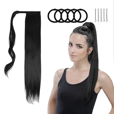 Wrap Around Straight Ponytail Extension 25.6 Inch, Long Straight Ponytail Hair Fake Ponytail Straight Hair Synthetic Natural Straight Ponytail for Girls Women with Hair Rope and Hairpin, Black