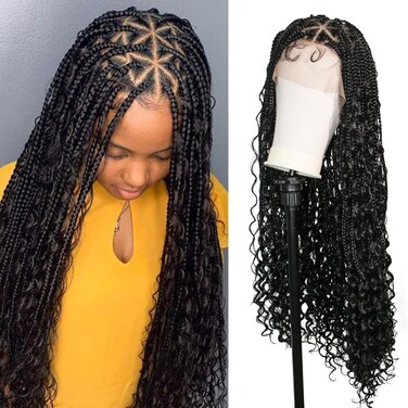 36" Boho Triangle Knotless Box Braided Wigs Full Double Lace Braid Wig for Women Lace Frontal Human Hair Blended Braided Wig with Boho Curls Lace Front Braids Wigs with Baby Hair (Black)