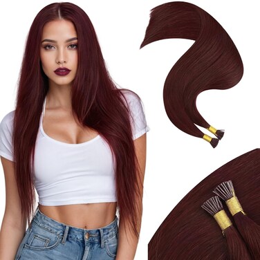 Moresoo Itip Human Hair Extensions Burgundy 18inch I Tip Hair Extensions Human Hair Wine Red Hair Extensions Real Human Hair Itip 0.8g/s 50s